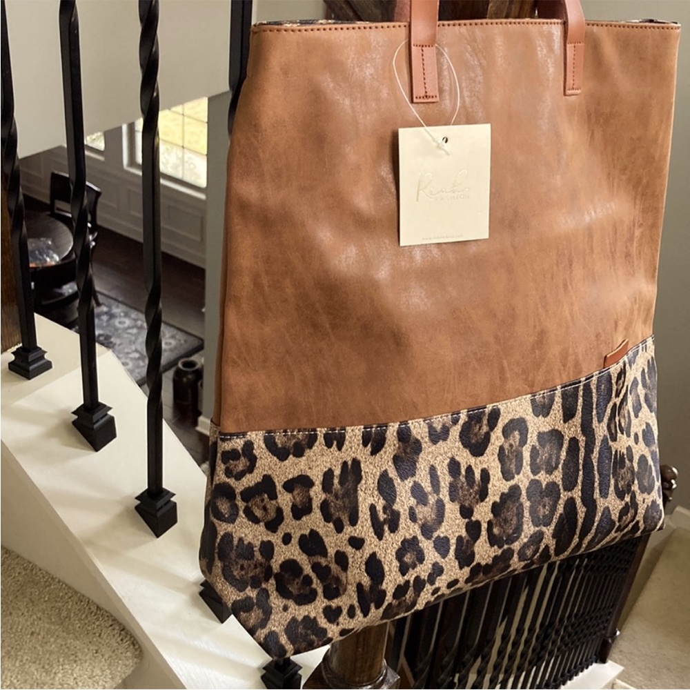 Brown Faux Leather with Leopard Print Tote - Picture 4 of 13